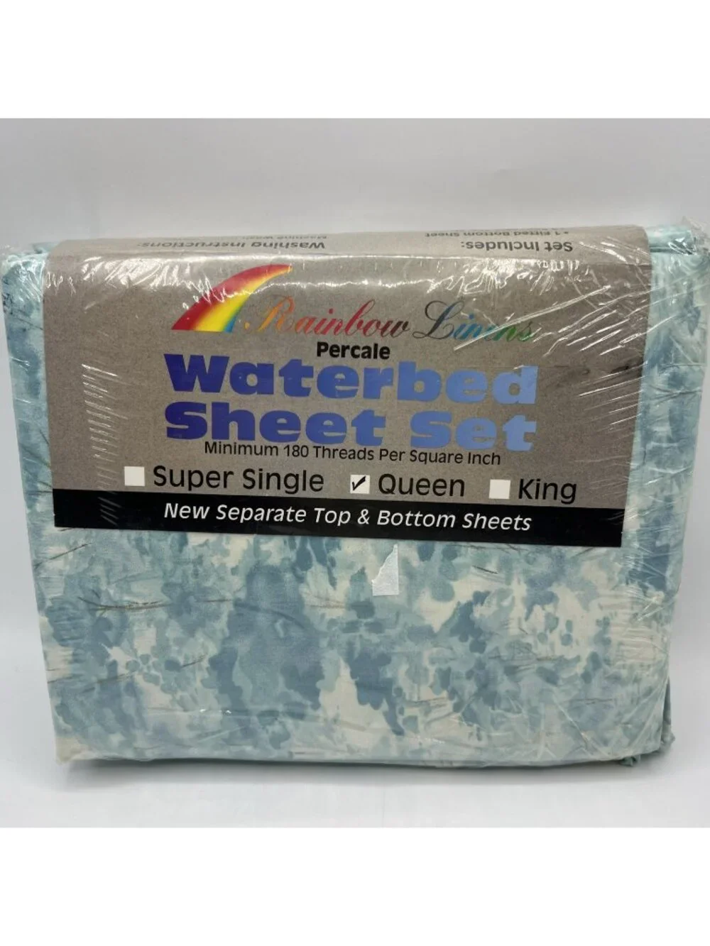 Rainbow Linens Waterbed Sheet Set 4pc Queen Blue Trees Cotton Polyester Vintage